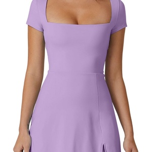 Vestido midi elegante de noche para mujer, cuello cuadrado, manga corta, pantalones cortos incorporados, cremalleras deportivas, bolsillos, 100% algodón - Product Image 5