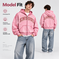 Sweat à capuche zippé vintage personnalisé en coton épais, coupe oversize, avec broderie appliquée effilochée, style streetwear pour homme