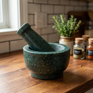 Ensemble mortier et pilon en grisneite artisanal 4''x3'' – Durable, compatible lave-vaisselle et four, idéal pour broyer les herbes et la cuisine maison - Product Image 3
