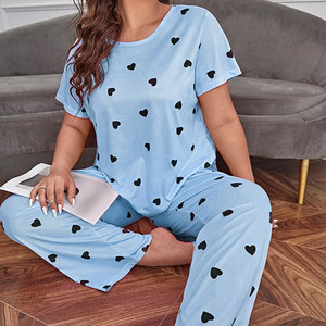 European and American Super Plus Size Women's Pajamas Loose Short Sleeve Love Suit Home Wear <strong>Pyjamas</strong> Sleepwear Sets - Product Image 3