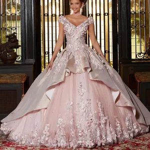 Mumuleo messicano Vestido De 15 Anos rosa scollo a V Abiti Quinceanera Appliques di pizzo perline corsetto dolce 16 abito Abiti Abiti Da Cerimonia