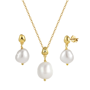 Ss10 Sang Trọng Trang Sức Ngọc Trai Set 925 Sterling <span class=keywords><strong>Silver</strong></span> 14K Vàng Mạ Chuỗi nuôi cấy Ngọc Trai Nước Ngọt Bông Tai Vòng Cổ Set Cho Phụ Nữ - Product Image 1