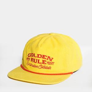 Casquettes personnalisées à broderie plate non structurée, 5 panneaux, en velours côtelé jaune, avec fermeture à pression - Product Image 1