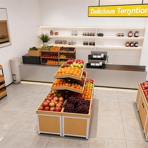 Expositor de Frutas Ajustable de Doble Cara y Alta Resistencia con Marco Metálico Blanco y Gabinete de Madera para Productos Agrícolas - Product Image 3