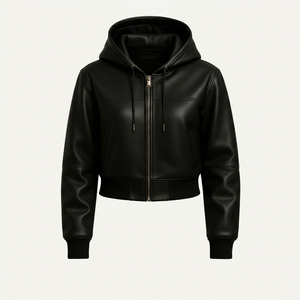 Ensemble de survêtement premium pour femme en cuir PU noir – Sweat à capuche entièrement zippé et pantalon large – Tenue décontractée deux pièces en cuir - Product Image 1