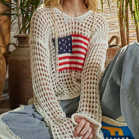 Fabricant personnalisé pour femmes 4 juillet à manches longues drapeau américain à capuche mince tricot Smock Top Independence Day Sweater Pullover