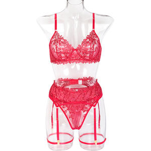 Conjunto de Lencería Femenina de 3 Piezas con Encaje Bordado, Sujetador Push-Up y Bragas de Malla, Ecológico, Transpirable y Sexy - Product Image 3