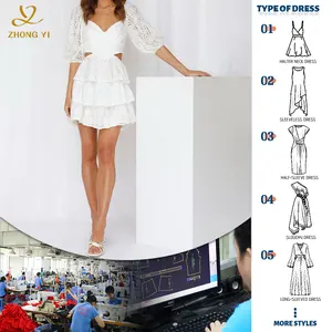 제조 도매 사용자 정의 OEM 여성 자수 중간 소매 오픈 백 레이스 업 패션 의류 짧은 캐주얼 컷 아웃 드레스