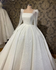 <span class=keywords><strong>Abiti</strong></span> <span class=keywords><strong>da</strong></span> <span class=keywords><strong>Sposa</strong></span> Personalizzati su Misura, Linea A, Scollo Quadrato, Strass, Perline, Maniche Illusione, Splendidi per Serate di Gala - Product Image 2