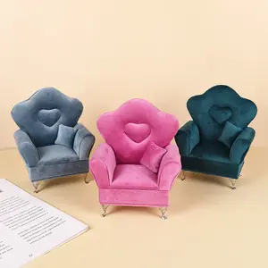 Creative Flannel Jewellery Storage Organizer Armchair Sofa Shaped Velvet Jewelry Box with Mirror for Dollhouse Accessories Gifts