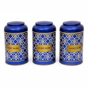Kontensan Dia 105 X 150 mm Round Metal <b>Storage</b> <b>Box</b> Set (Set 3) Dome Lid Seamless Pattern Design Geometric Lines <b>Blue</b> Background - Product Image 2