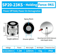 Électroaimant à déclenchement par alimentation SP2023KS, force de maintien 9 kg, 6 V, 12 V, 24 V CC, IP68, aimant permanent