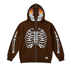 Brown Hooded <b>Zipper</b> <b>Sweatshirt</b> Men Skull Flame Print Casual Skeleton Design Regular Fit Autumn Wear - Product Image 1