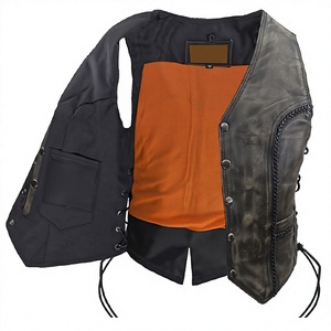 <b>Men's</b> Genuine <b>Leather</b> Moto <b>Vest</b> V-Neck Button Front Regular Fit Autumn Style Solid Color Washed Finish Custom Size - Product Image 6