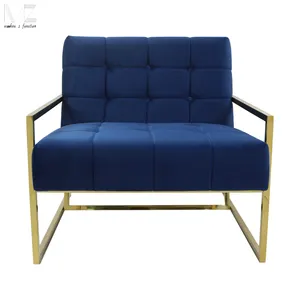 Cadeira de veludo com borracha em aço inoxidável, cadeira azul de veludo com design moderno para sala de estar, hotel, fio de metal, dourado