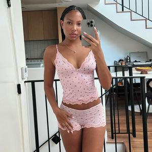 Ensemble pyjama en dentelle à imprimé floral, haut de pyjama et short, sans manches, vêtements de nuit sexy, ensemble deux pièces - Product Image 4