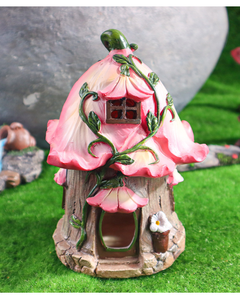 Décoration de jardin d'extérieur, ornements de pelouse, lumière solaire, résine écologique, maison de fée de jardin en bois rose peinte <span class=keywords><strong>à</strong></span> <span class=keywords><strong>la</strong></span> main, statue de décoration - Product Image 1