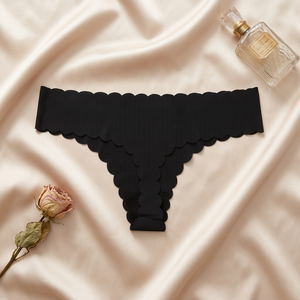 Wholesale Ladies <b>Seamless</b> Ribbed <b>Thong</b> Underwear Scalloped Wave Edge No Show Low Rise Women Panties Solid Solid Color Underpants - Product Image 3
