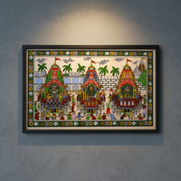 Peinture traditionnelle artisanale Pattachitra, œuvre d'art rectangulaire en bois représentant la Yatra de Jagannath, pour suspension intérieure dans le salon