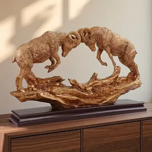 Escultura de Resina de Dos Carneros Dorados en Duelo sobre Base de Madera, Estatua de Ovejas de Cuernos Grandes en Lucha con Cuernos Entrelazados, Arte de Mesa con Temática de la Naturaleza - Product Image 5