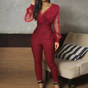Nouvelle mode barboteuses pour femmes noir élégant <span class=keywords><strong>paillettes</strong></span> maille <span class=keywords><strong>paillettes</strong></span> fête nuit Sexy col en v pantalons longs une pièce <span class=keywords><strong>combinaison</strong></span> - Product Image 2