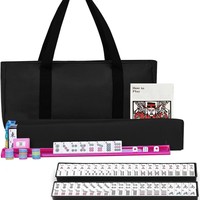 Sac de rangement Mahjong grande capacité, toile noire, 2 jeux de tuiles, 4 supports, 120 jetons, 3 dés, livret d'instructions, 17,7 pouces