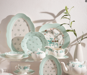 Wholesale Custom Floral Ceramic Dinnerware Set, Mint Green Porcelain Tea & Dinner Set, Free Logo & Pattern Design Available - Product Image 2