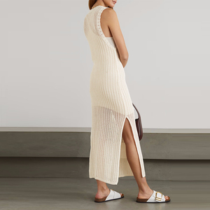 Abito lungo estivo in maglia all'uncinetto, vestibilità slim, senza maniche, abito casual da donna, abbigliamento femminile, spacco laterale, abito di tendenza estiva - Product Image 4