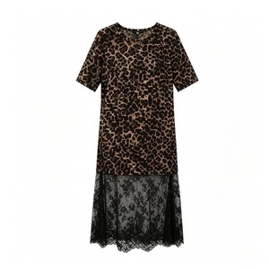 Abito T-shirt da donna con stampa leopardata, girocollo, maniche corte, tunica ampia con orlo in pizzo trasparente, casual estivo streetwear - Product Image 3