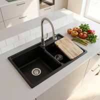 Évier de cuisine moderne en quartz noir mat de 30 pouces, double bac, à deux trous, pour montage en surface, OEM ODM