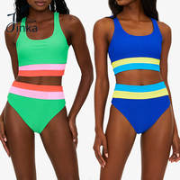 Ensemble de bikinis triangle taille haute à bretelles épaisses et fixes, en tissu côtelé rayé color block, écologique, pour femmes actives 2