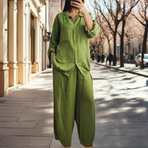 Conjunto de Lino de 2 Piezas para Mujer, Camisa de Manga Larga y Pantalones Anchos hasta el Tobillo, Verde Sólido, Corte Holgado, Casual, Primavera-Verano, con Botones - Product Image 2