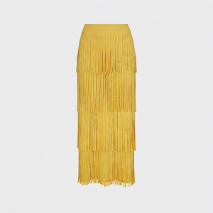 <b>Yellow</b> High Waist <b>Pleated</b> Midi <b>Skirt</b> Women's Bohemian Style Tassel Soft Viscose Solid Color All Seasons - Product Image 1