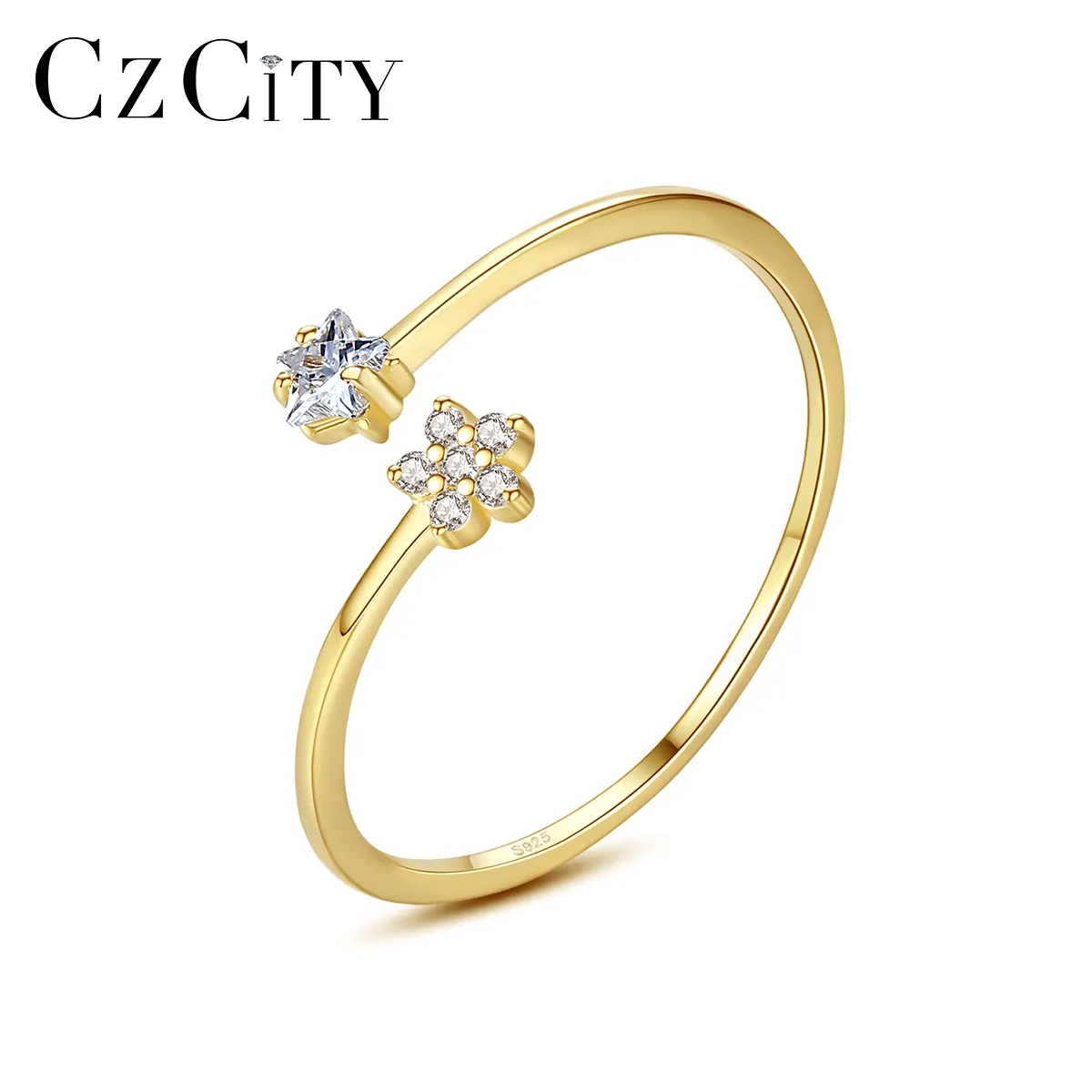 Czcity 2021 Ontwerp Zilveren Open Ring 925 Sterling Zilveren Ster Sieraden Zirconia Diamond Verstelbare Ring Voor Meisjes Engagement