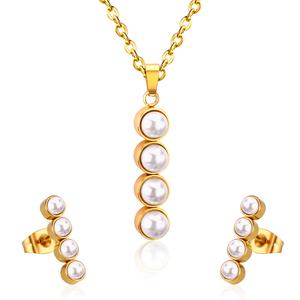 Conjunto de Joyería de Moda para Mujer, Collar Largo con Colgante de Perlas y Aretes, en Acero Inoxidable con Baño de Oro de 18K, Resistente al Agua - Product Image 1