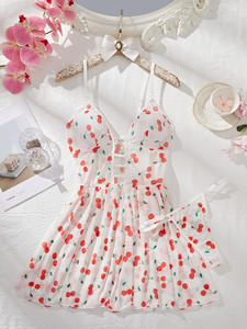 Europäischer und amerikanischer Stil New Cherry Print Camisole Nachthemd Kurzer Rock gepaart mit Unterwäsche Damen Nachtwäsche Set - Product Image 2