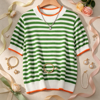 Pull-over col rond à manches courtes pour femme, en nylon/coton tricoté à l'ordinateur, anti-boulochage, coupe ajustée, style marin uni, toutes saisons, vente en gros