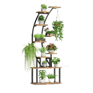 Multi Layer Floor Standing <b>Plant</b> Rack Black Frame With Brown Wood Planks For Living Room Balcony Indoor Outdoor Use - Product Image 5