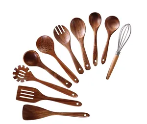10件天然柚木勺子不粘舒适握把厨房用具套装木制厨具