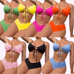 2023 new solid color tie front split swimsuit Women 2 pieces set bikini Sexy girl beachwear