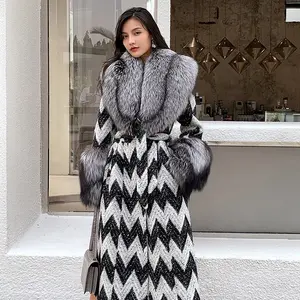 2023 estilo largo elegante cuello de piel de zorro puños abrigo Cachemira lujo mujer abrigo de lana con piel