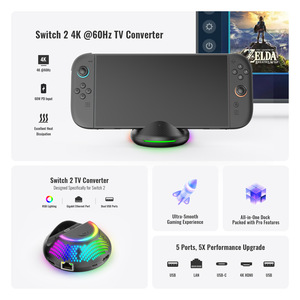 Dock TV Circolare Portatile Convertitore 5-<span class=keywords><strong>in</strong></span>-1 per Nintendo <span class=keywords><strong>Switch</strong></span> 2 <span class=keywords><strong>Uscita</strong></span> 60Hz con Luci RGB Accessori per <span class=keywords><strong>Giochi</strong></span> - Product Image 4