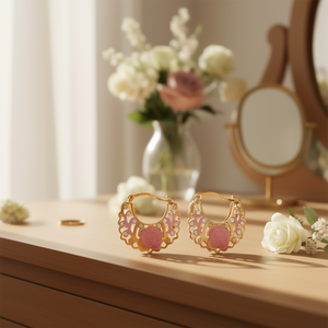 Orecchini a cerchio placcati in oro con strass di cristallo a forma di fiore rosa per le donne, gioielli alla moda per feste - Product Image 2