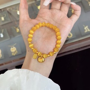 สร้อยข้อมือคริสตัลตาแมวชุบทองสไตล์โบราณพร้อมลูกปัด สร้อยข้อมือนำโชคสำหรับผู้หญิง เครื่องประดับที่ประณีตและมีระดับ - Product Image 1
