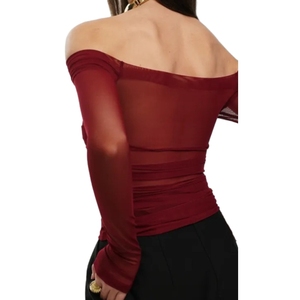 เสื้อครอปซีทรูผ้าตาข่ายจีบระบายไหล่เฉียงสำหรับผู้หญิงแฟชั่นฤดูร้อน - Product Image 4