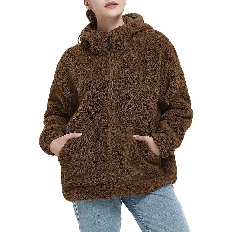 Kadın sıcak polar Sherpa ceketler kapşonlu Faux Shearling Coats büyük boy kış Teddy ceket fermuar dış giyim kadın ceketi