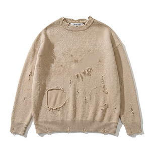 <b>Men's</b> Ripped Knitted Pullover Sweater Solid Color <b>Long</b> Sleeve Crew Neck Winter Front Logo Polyester/Cotton Slight Stretch - Product Image 1