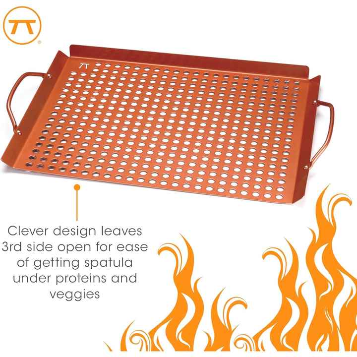 Outset QN71 Large Copper Non-Stick Grill Grid with Handles Premium Turning Tool