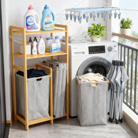 Panier à linge en bambou, corbeille à linge à deux sections de deux compartiments avec sacs coulissants amovibles et étagère amovible
