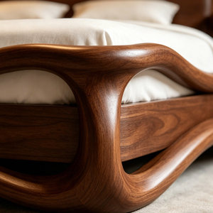 Yeni Çin Tarzı Modern Minimalist Saf Masif Ahşap Gömme Tenon Dalga Şekilli Başlık Tasarımlı Çift Kişilik Yatak BTWB001 Yatak Odası İçin - Product Image 5